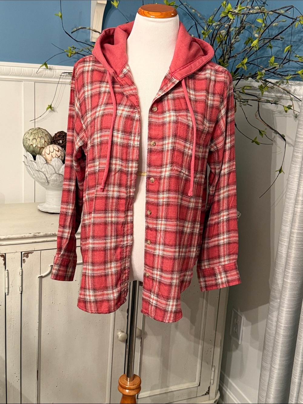 Red Plaid Hooded Button-Up Shirt Jacket